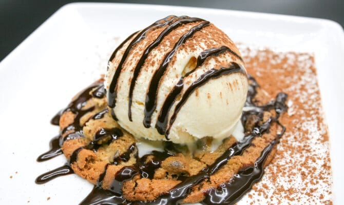 Vanilla ice cream and chocolate chip cookie on the dessert menu.